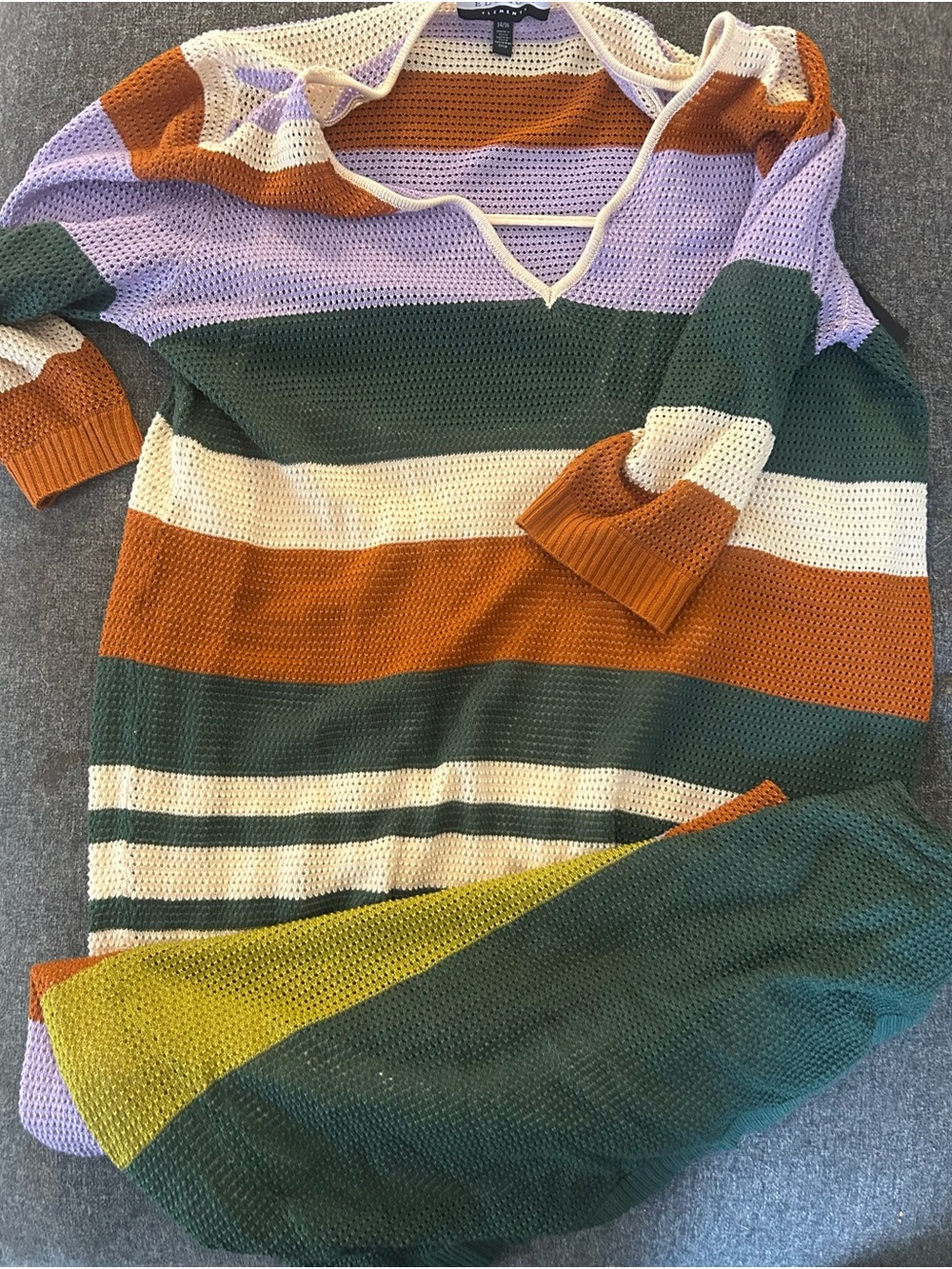 Eloquii Striped Open-Knit V-Neck Sweater in Green, Lavender, Cream & Rust